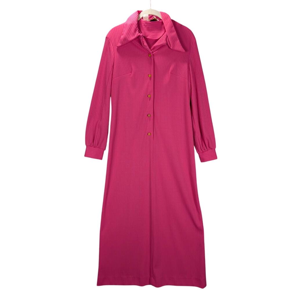 Vintage Shirtdress Womens Size 14 Pink Ribbed Long Sleeve Button Front Retro